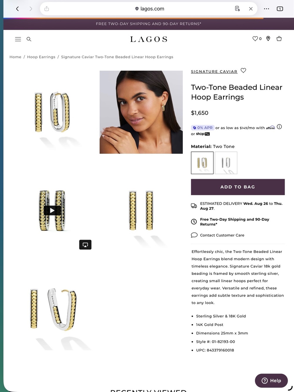 LAGOS Two-Tone Linear Beaded Hoop Earrings — Gold & Silver Authentic